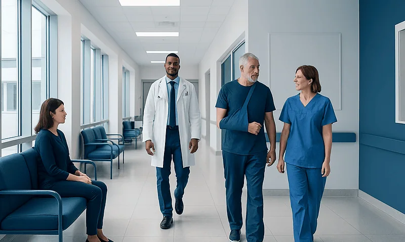 Medical team walking in hospital corridor with patient and staff.