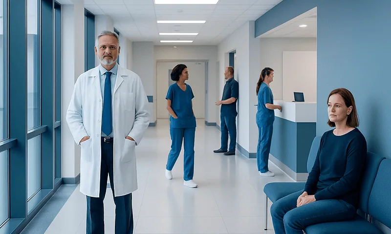 Medical staff and patient in hospital corridor at Acibadem Hospitals Group.
