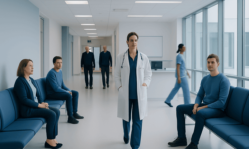 Medical professionals and patients in a hospital waiting area.