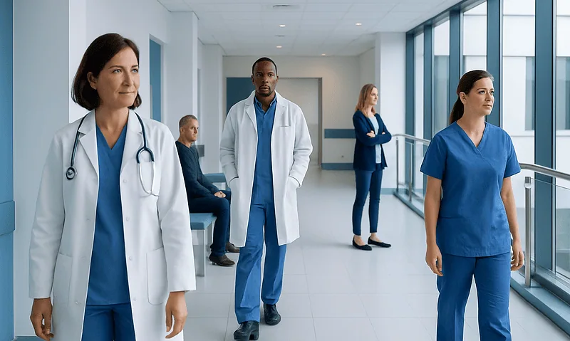 Understanding Signet Ring Cell Adenocarcinoma: A Complete Patient Guide 5 Medical team in hospital corridor with large windows and natural light.