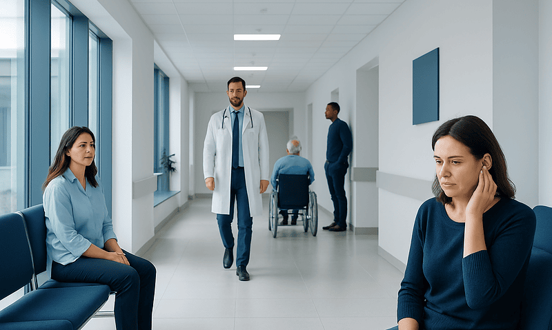 Medical consultation in hospital corridor with patients and doctor.