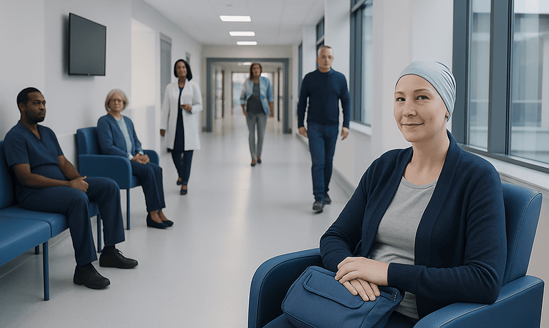 Cancer patient with headscarf in hospital corridor at Acibadem Hospitals Group.