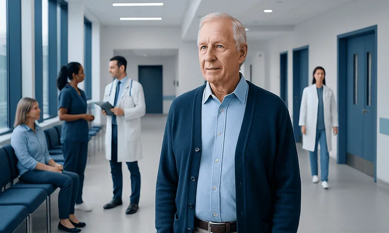 70 and Never Had a Colonoscopy: Preparation, Procedure and Results 3 Senior man waiting in hospital corridor with medical staff in background.