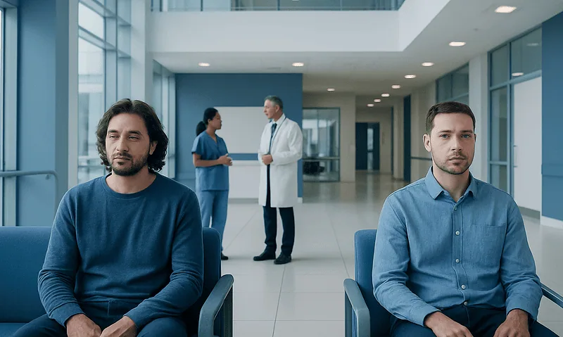 Patients waiting in a hospital corridor with medical staff in the background.