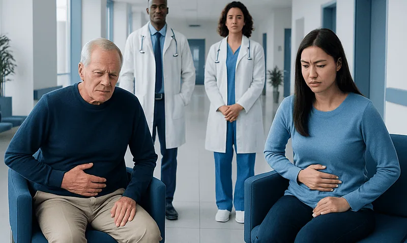 Patients experiencing stomach pain in a hospital corridor with doctors nearby.