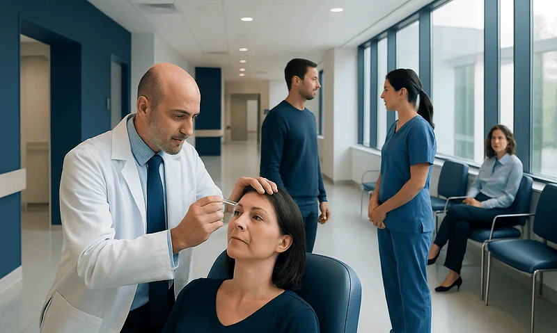 Ophthalmologist examines patient in a modern hospital corridor.