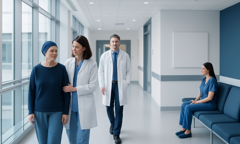 After Effects Radiation Therapy: How It Works, Results and What to Expect 3 Healthcare professionals and patient in a hospital corridor.