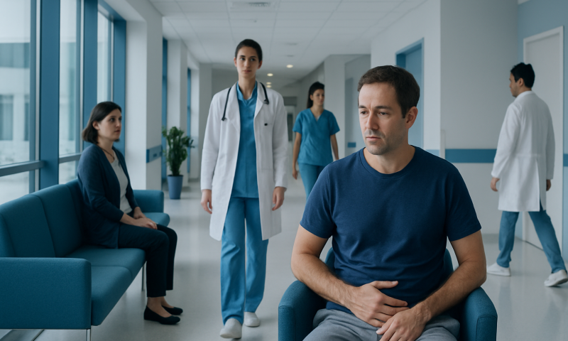 Patient with swollen testicles in hospital waiting area after hernia surgery.