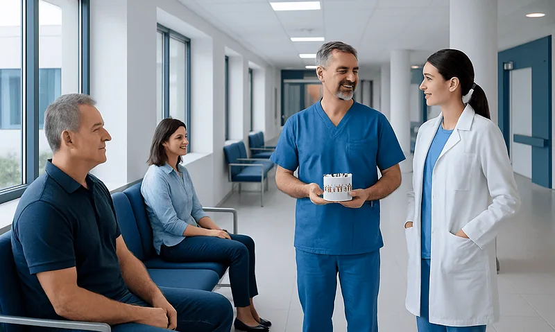Medical team consulting with patients in a modern hospital corridor.