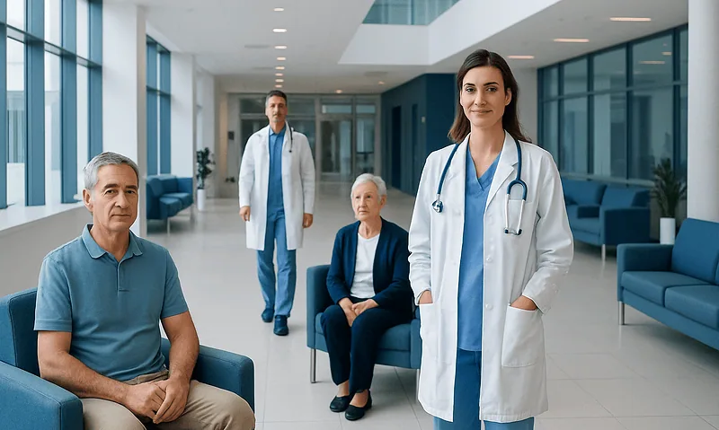 Medical team at Acibadem Hospitals Group in a modern hospital lobby.