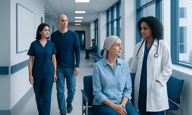 Medical team consulting with a patient in a hospital corridor.