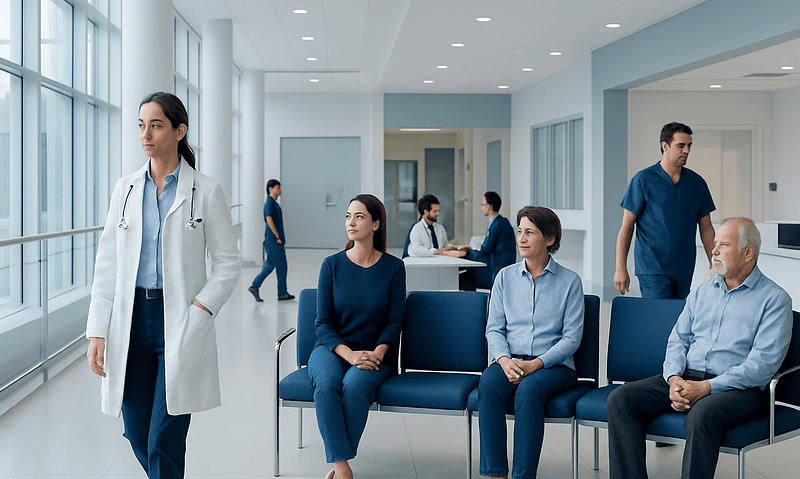 Medical professionals and patients in a modern hospital waiting area.