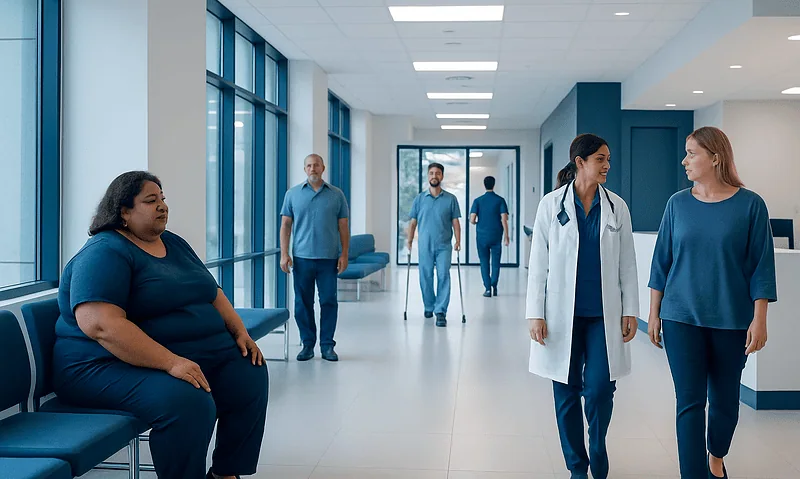 Hospital corridor with patients and medical staff in a modern healthcare facility.