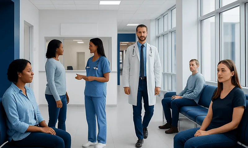 Medical team consulting patients in a hospital corridor.