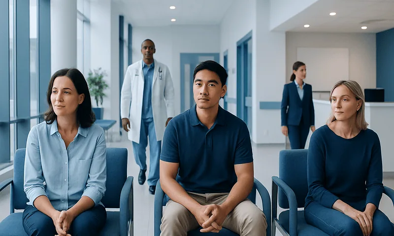Patients waiting in a hospital lobby for health checkup or consultation.
