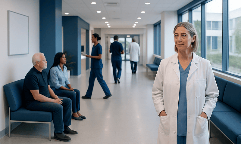 Healthcare professionals and patients in a modern hospital corridor.