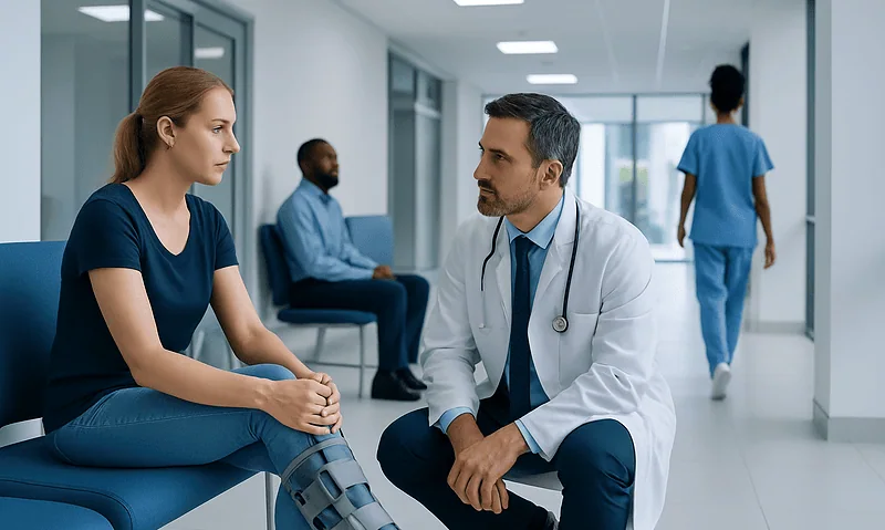Doctor consulting with a young female patient in hospital corridor.