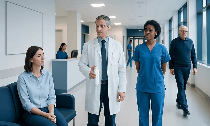 Medical professionals and patient in hospital corridor at Acibadem Hospitals Group.