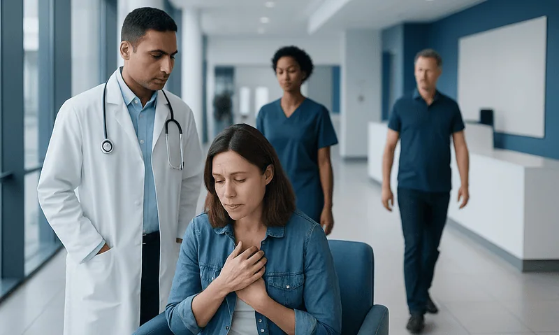 Patient experiencing breathlessness in a hospital setting with medical staff nearby.