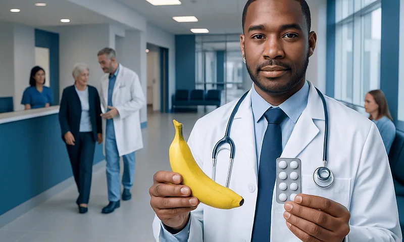 Doctor holding a banana and medication in a hospital corridor.