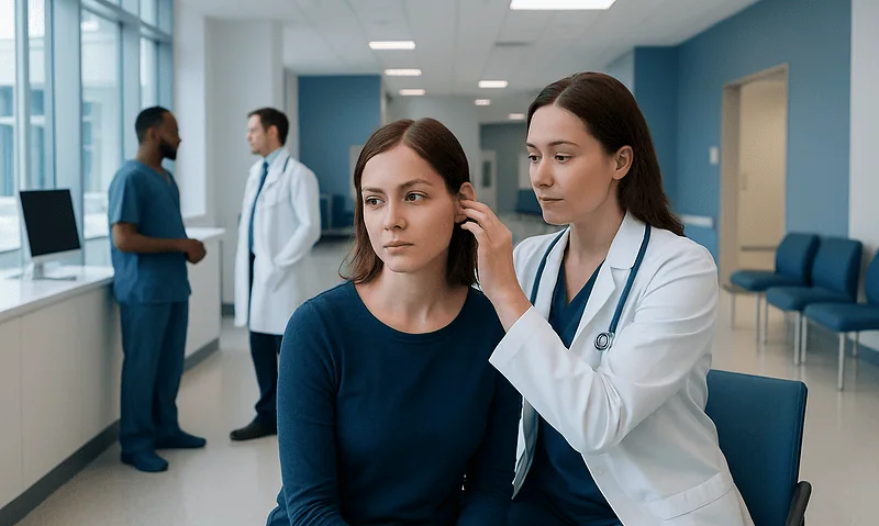 Doctor examining a patient's ear in a hospital setting.