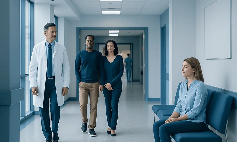 Doctor and patients walking in hospital corridor for fertility consultation.