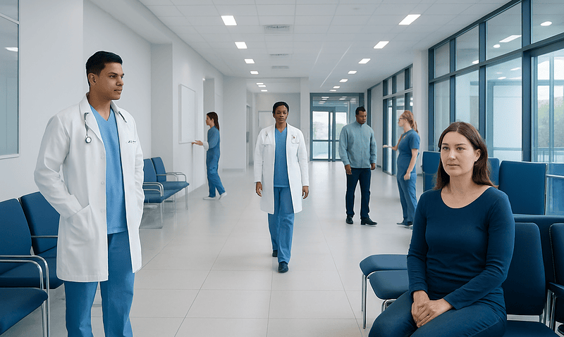 Medical staff and patient in a hospital corridor at Acibadem Hospitals Group.