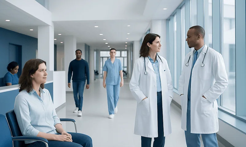 Medical professionals and patient in a modern hospital corridor.