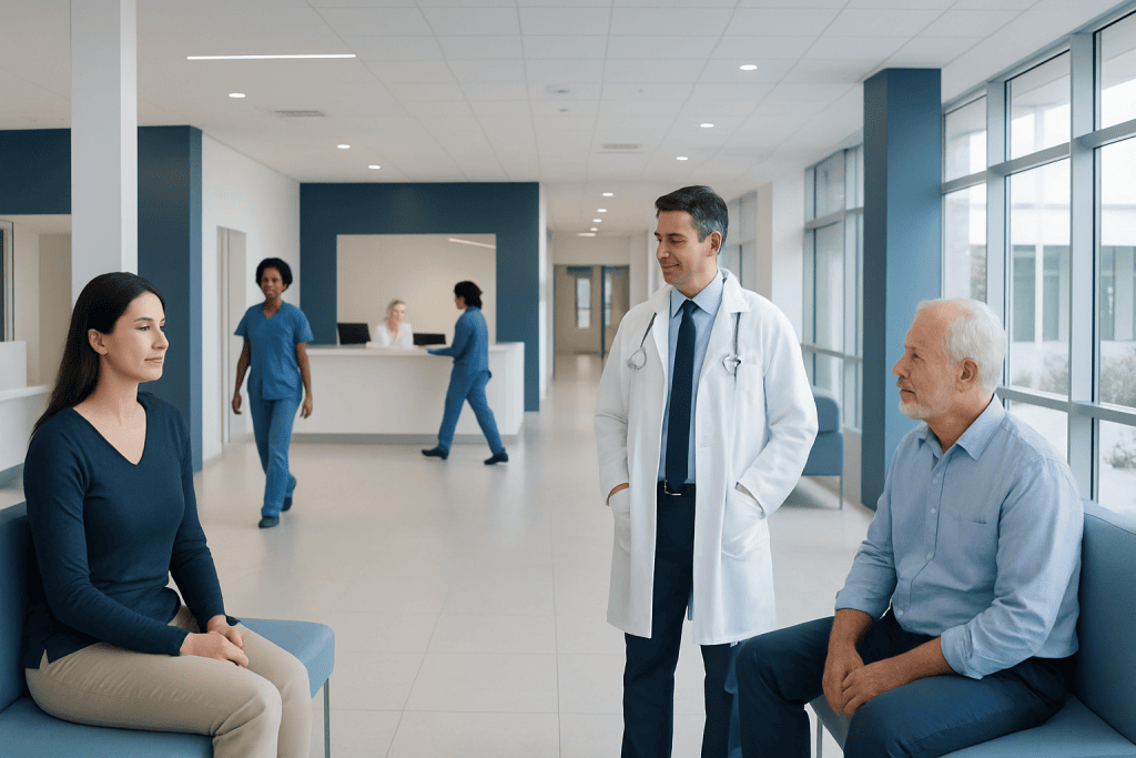 Lentils and Rice: An Evidence-Based Guide for Patients 1 Doctor consulting with patient in hospital corridor with staff in background.