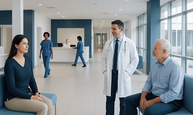 Doctor consulting with patient in hospital corridor with staff in background.