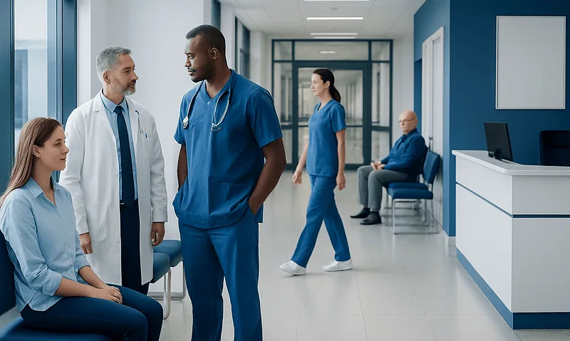 Medical team consulting in a hospital corridor with waiting patients.