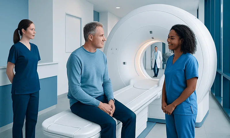 Patient and medical staff preparing for MRI scan in hospital.