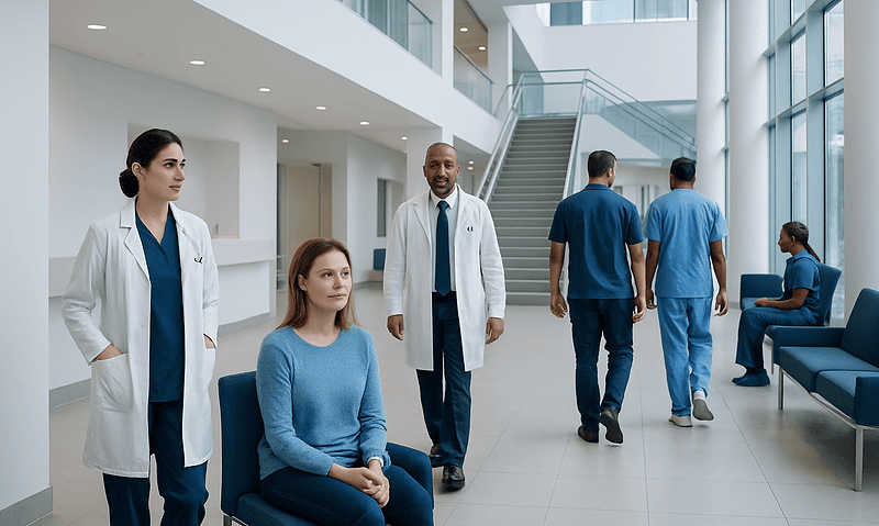 Modern hospital lobby with medical staff and patients in a bright, spacious setting.