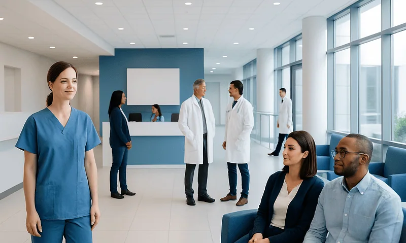 Healthcare professionals and patients in a modern hospital lobby.