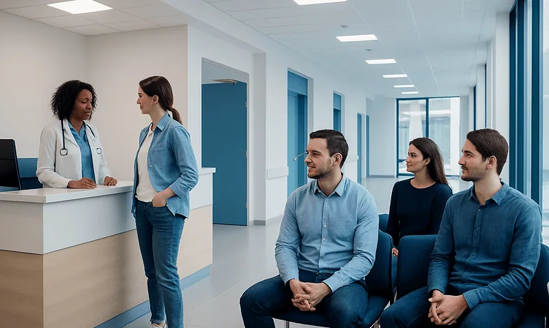 Patients waiting in a hospital corridor at Acibadem Hospitals Group.