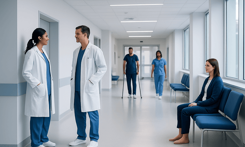 Medical professionals and patient in hospital corridor with large windows.