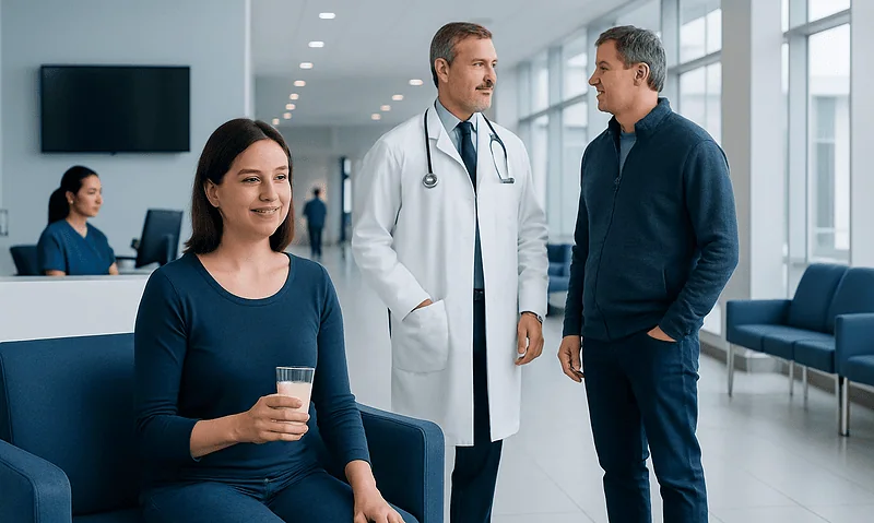 Patient with drink in hospital waiting area talking to doctor and visitor.