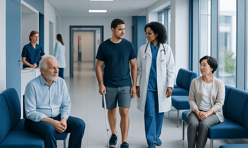 Patient walking with crutches in hospital corridor with medical staff and other patients.