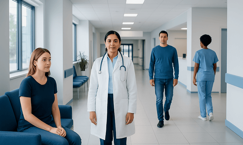 Medical professionals and patient in hospital corridor at Acibadem Hospitals Group.