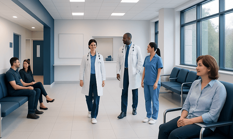 Zirconia crowns Risks & Side Effects Explained by Surgeons 4 Medical team consulting patients in a modern hospital waiting area.