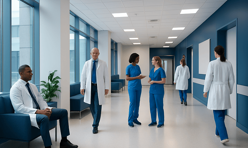 Medical professionals and staff in a modern hospital corridor.