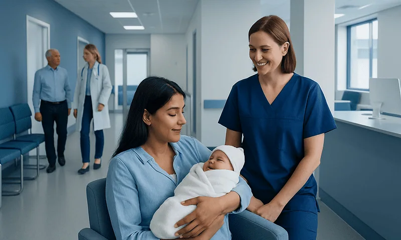 Happy mother with newborn in hospital, healthcare staff nearby.