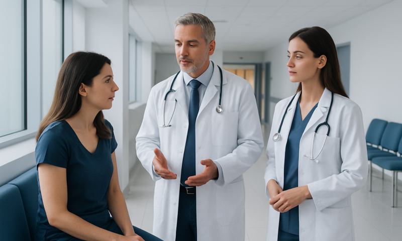 Doctor explaining treatment options to a patient in a hospital corridor.