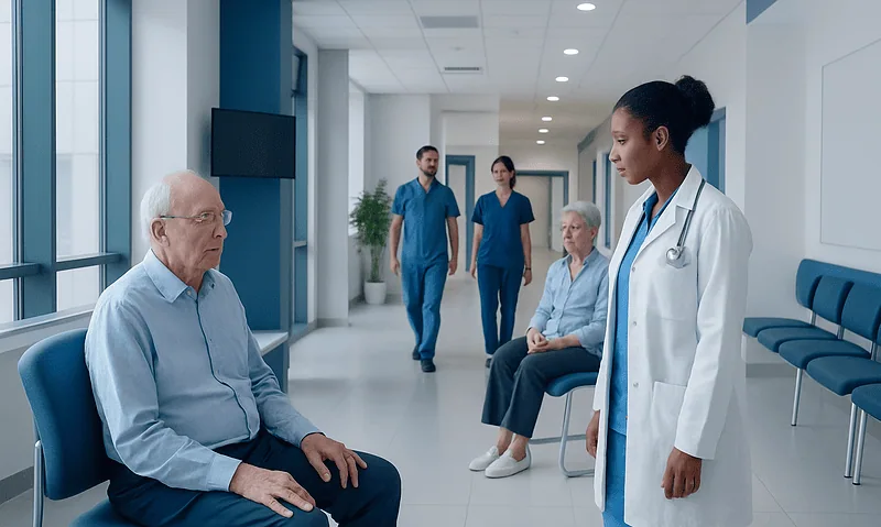 Elderly patient consulting with a doctor in a hospital corridor.