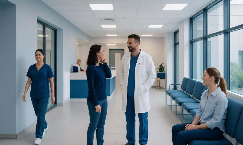 Medical staff and patient in a modern hospital corridor.