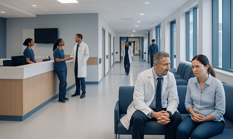 Hospital corridor with doctors and patients engaging in consultations.