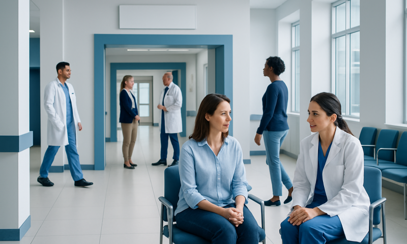 Patients and doctors in a modern hospital corridor.
