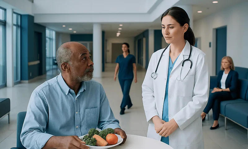 Doctor talking to elderly patient in hospital corridor.