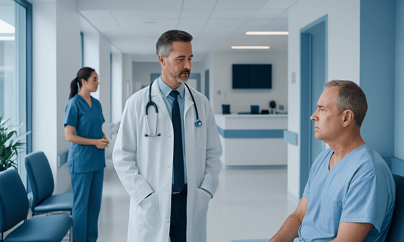 Doctor consulting with patient in hospital corridor with nurse in background.