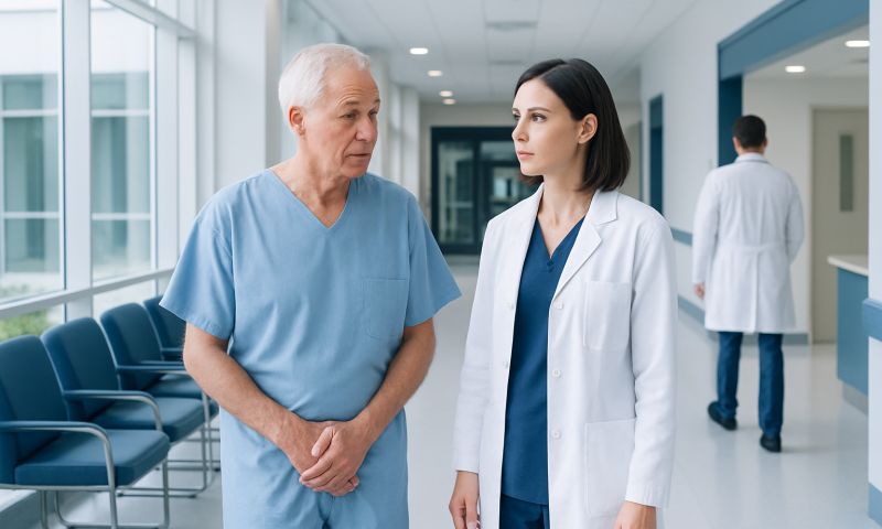 Urologist and senior patient discussing treatment options in hospital corridor.